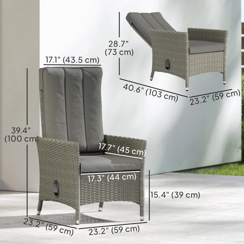 Outsunny Wicker Outdoor Recliner Chair, Wicker Reclining Patio Chair with Adjustable Backrest and Cushion, Grey
