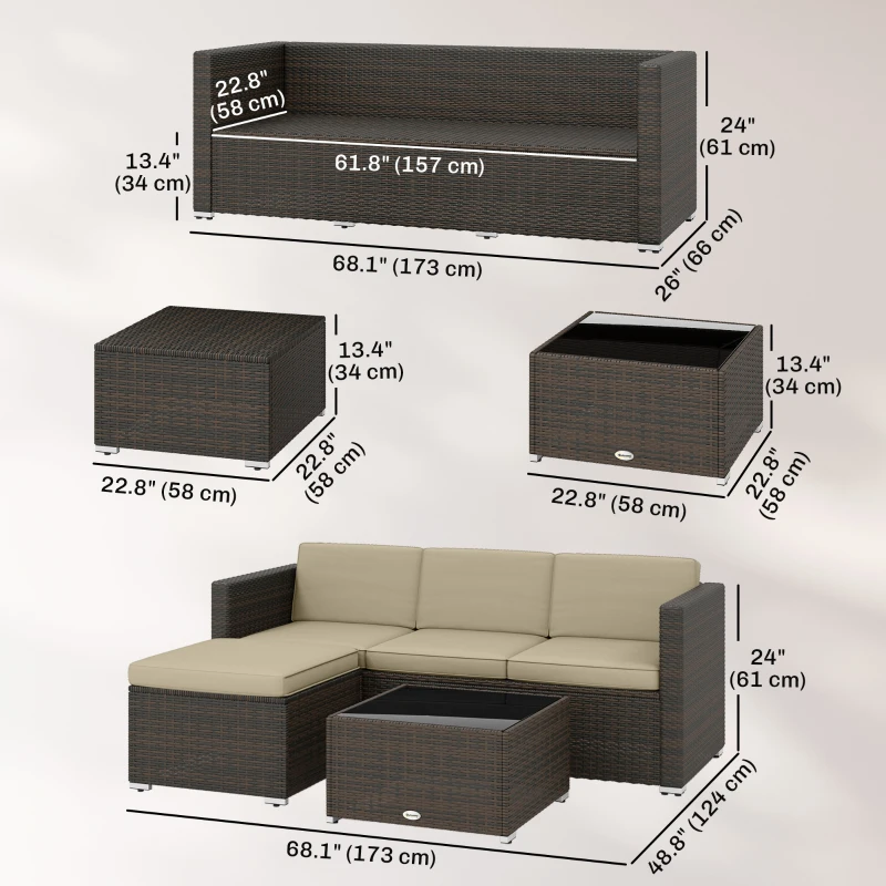 Outsunny 3 Pieces Patio Furniture Set with Cushions, Outdoor PE Rattan Wicker Conversation Corner Sofa Set, Khaki