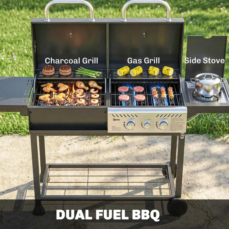 Outsunny Dual Fuel BBQ Grill, Charcoal and 2+1 Gas Burner Barbecue Grill with Wheels, Warming Rack, Black