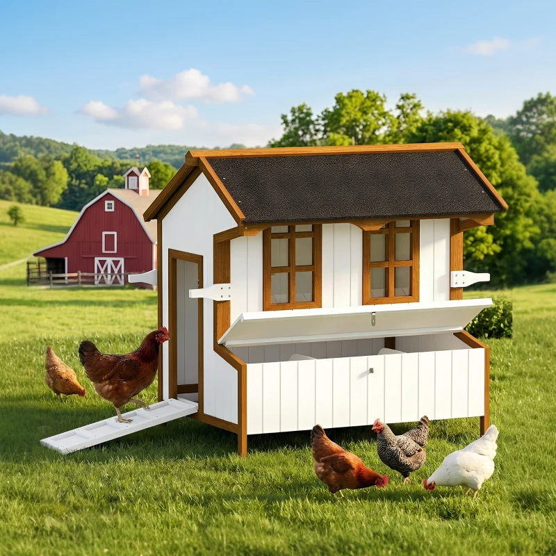 PawHut 47" Chicken Coop, Wooden Chicken House Raised Rabbit Hutch with Waterproof Roof, Nesting Box and Handles for 3-5 Hens, Poultry Cage Portable Hen Pen for Backyard