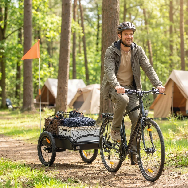 Soozier Bike Trailer, Bike Cargo Trailer with Quick Release 16" Wheels, Cargo Net, Safe Reflectors and Red Flag