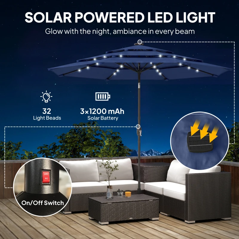 Outsunny 9.7 ft Outdoor Patio Umbrella with Solar LED Lights, 3 Tier Outdoor Table Umbrella with Tilt, Crank, Navy Blue