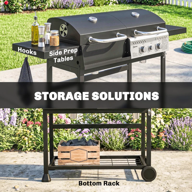 Outsunny Dual Fuel BBQ Grill, Charcoal and 2+1 Gas Burner Barbecue Grill with Wheels, Warming Rack, Black