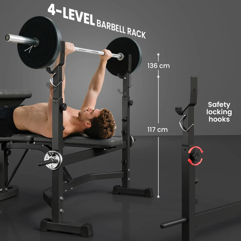 Soozier Weight Bench Stand with Squat Rack, Adjustable Olympic Bench, Multifunctional Arm Curl Pad, Leg Extension, Grey