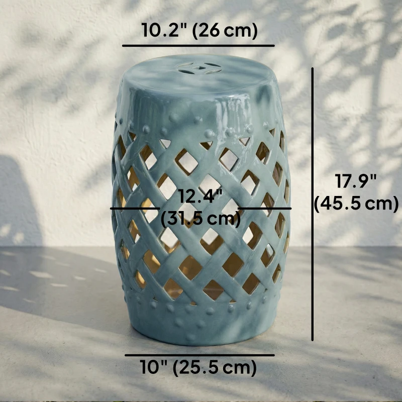 Outsunny 18" Ceramic Garden Stool with Woven Lattice Design, Indoor & Outdoor Decorative Accent Stool, Blue