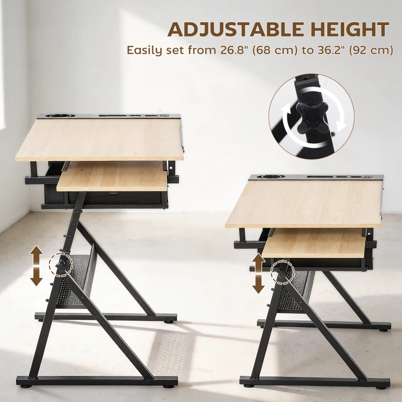 HOMCOM Adjustable Drafting Table, Art Desk Drawing Table Workstation with Stool and Storage Drawers for Painting, Oak