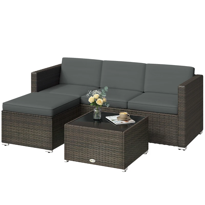 Outsunny 3 Pieces Patio Furniture Set with Cushions, Outdoor PE Rattan Wicker Conversation Corner Sofa Set, Dark Grey