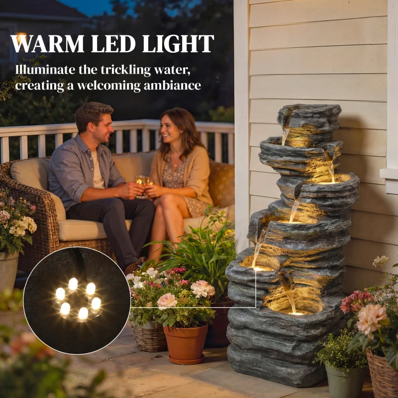 Outsunny 40" Tall Outdoor Waterfall Fountain with LED Lights, 6-Tier Cascading Waterfall Feature, Resin Garden Fountain, Gray
