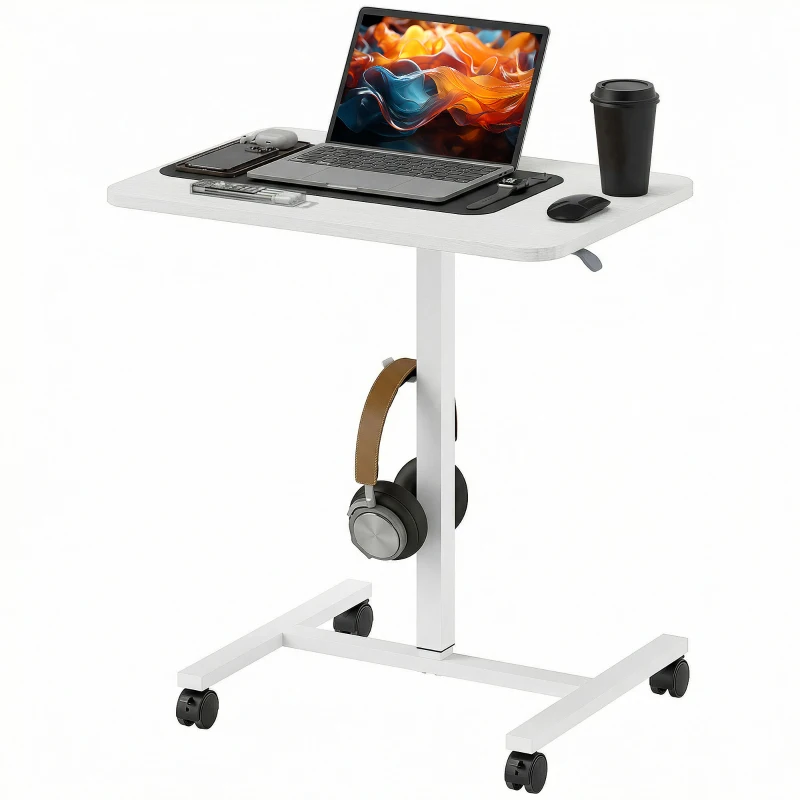 HOMCOM Height Adjustable Standing Desk, Pneumatic Sit Stand Desk with Wheels and Headphone Hook, White Wood Grain