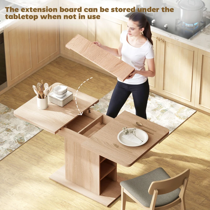 HOMCOM Extendable Dining Table for 4-6 People, 43.3"-51.2" Kitchen Table with 6 Open Shelves, Natural Wood