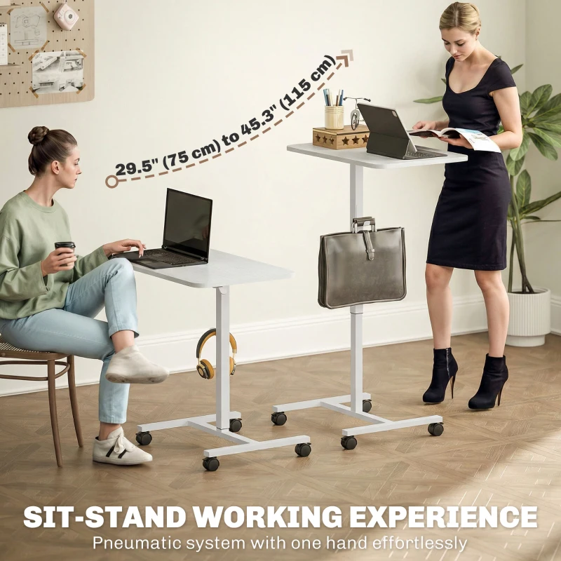 HOMCOM Height Adjustable Standing Desk, Pneumatic Sit Stand Desk with Wheels and Headphone Hook, White Wood Grain