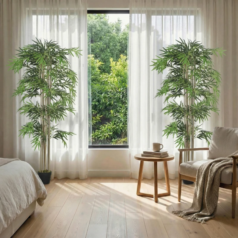 Outsunny 6FT Artificial Bamboo Tree Set of 2, Fake Plant with 1530 Leaves, Greenery Plant in Nursery Pot for Indoor, Green