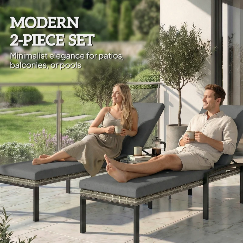 Outsunny Chaise Lounge Chairs Outdoor, Set of 2 Wicker Patio Lounge Chairs with 5-Level Adjustable Backrest, Cushion