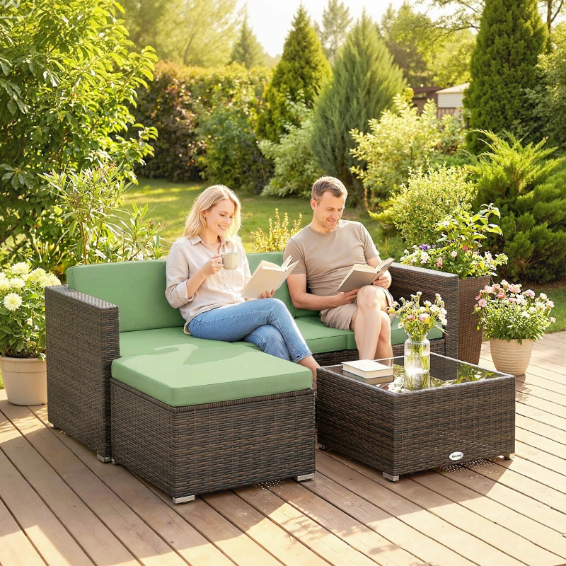 Outsunny 3 Pieces Patio Furniture Set with Cushions, Outdoor PE Rattan Wicker Conversation Corner Sofa Set, Light Green