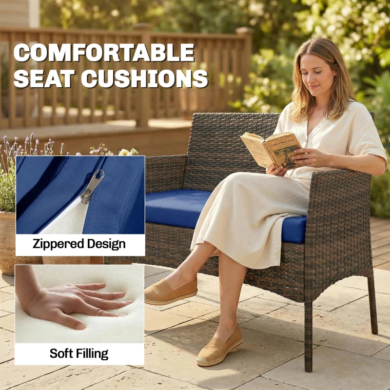 Outsunny 4 Pieces Wicker Outdoor Balcony Furniture Set Rattan Patio Furniture Set with Loveseat Chairs Glass Coffee Table Navy Blue