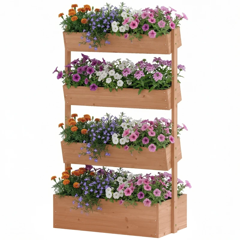Outsunny 4-Tier Raised Garden Bed, 33.5" x 18" x 55" Vertical Wooden Outdoor Planter Box with Drainage Holes and Fabric Liner