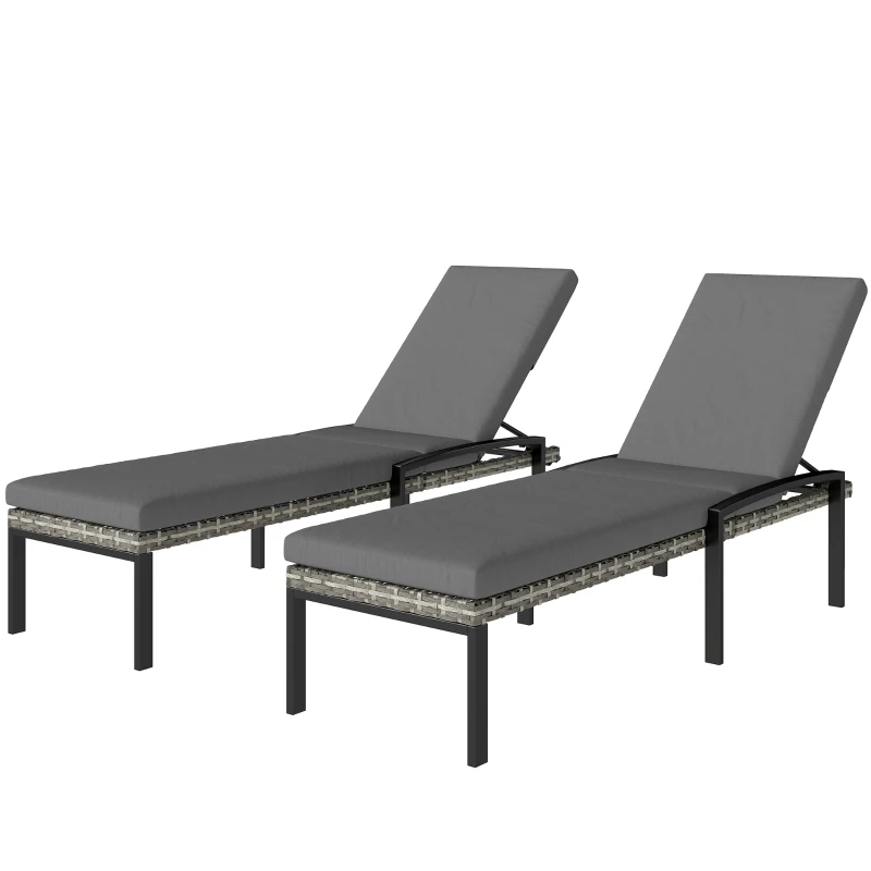 Outsunny Chaise Lounge Chairs Outdoor, Set of 2 Wicker Patio Lounge Chairs with 5-Level Adjustable Backrest, Cushion