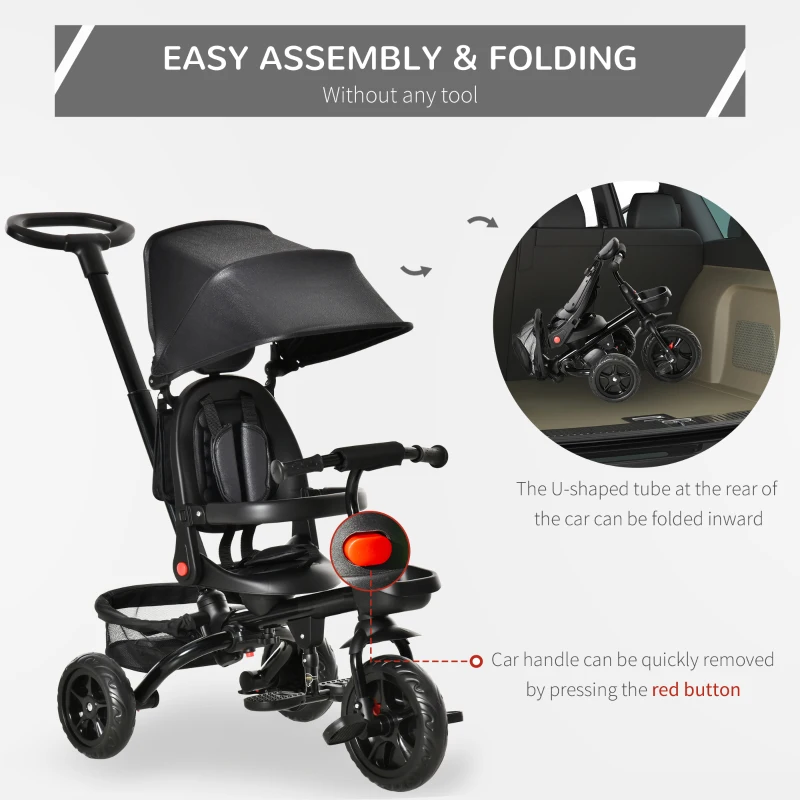 Qaba Tricycle for Toddler 4 in 1 Kids Trike, Foldable Converts Stroller to Toddler Bike, Adjustable Backrest & Curved Canopy, Detachable Guardrail & Handle for 1-5 Years Old, Black