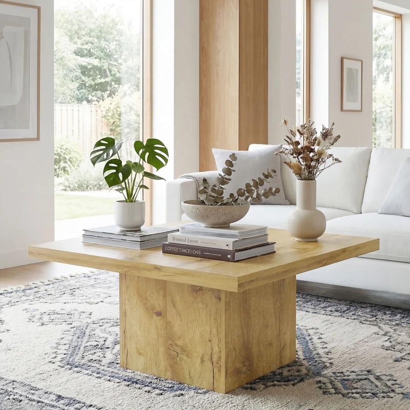 HOMCOM Square Coffee Table, Center Table with 1.6" Thick Tabletop, Natural Wood