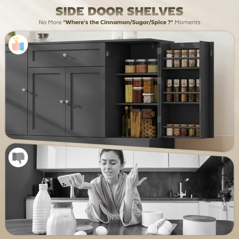 HOMCOM 55" Modern Kitchen Storage Cabinet with Drawer, Adjustable Shelves, Small Kitchen Pantry with Door Racks, Black