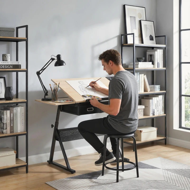 HOMCOM Adjustable Drafting Table, Art Desk Drawing Table Workstation with Stool and Storage Drawers for Painting, Oak