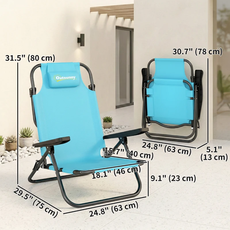 Outsunny Set of 2 Beach Chair 5-Position Adjustable Folding Camping Chair with Headrest Armrests Light Blue