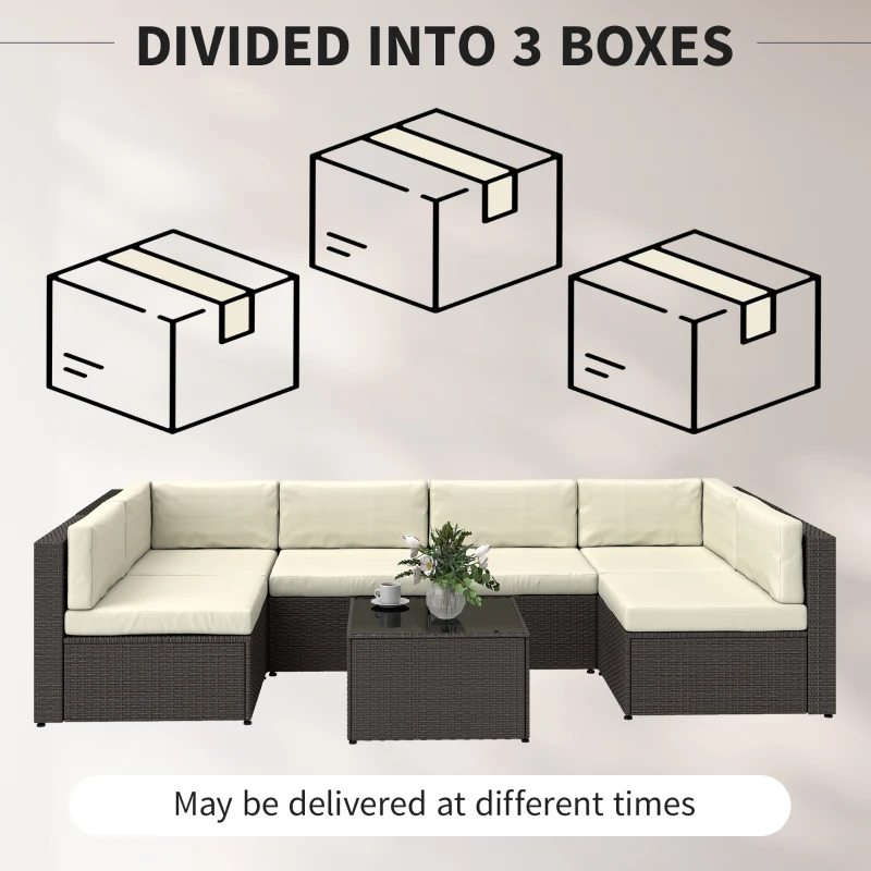 Outsunny 7 Piece Patio Furniture Set, All Weather PE Rattan Outdoor Furniture Conversation Sets with Glass Top Coffee Table