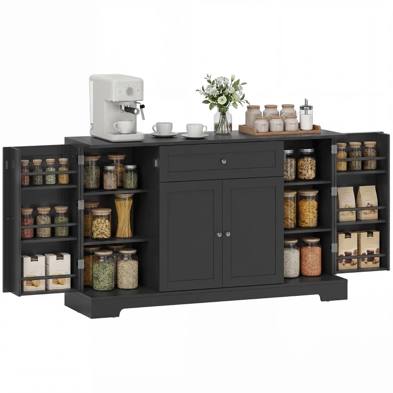 HOMCOM 55" Modern Kitchen Storage Cabinet with Drawer, Adjustable Shelves, Small Kitchen Pantry with Door Racks, Black