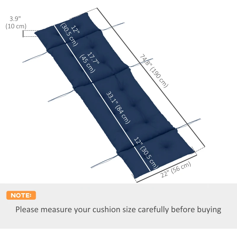 Outsunny Patio Lounge Chair Cushion, Tufted Thick Outdoor Chaise Lounge Cushion with Ties, 74.8" x 22" x 4", Navy Blue