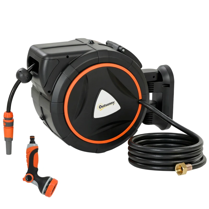 Outsunny Retractable Garden Hose Reel, 1/2"x75.5ft Wall Mounted Hose Reel with 12-Pattern Nozzles, Auto Retraction, Self-Locking
