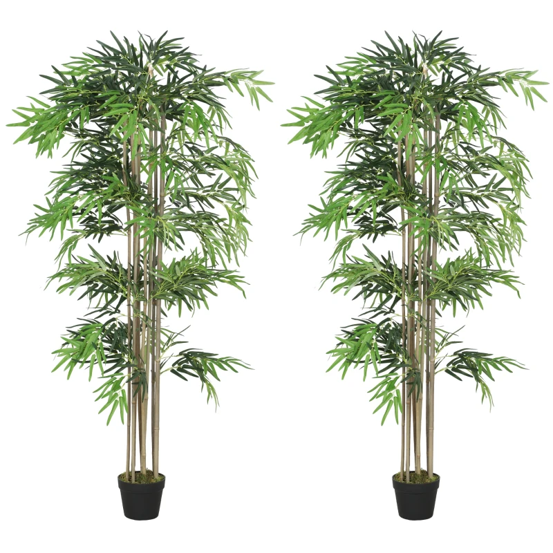 Outsunny 6FT Artificial Bamboo Tree Set of 2, Fake Plant with 1530 Leaves, Greenery Plant in Nursery Pot for Indoor, Green