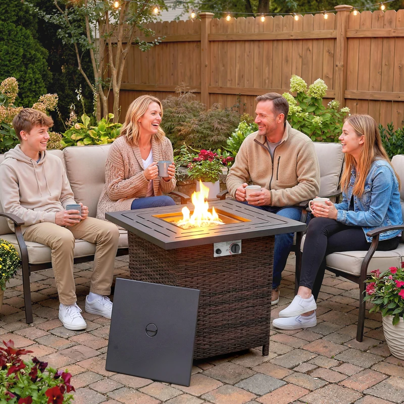 Outsunny Propane Fire Pit Table, 28 Inch 40,000 BTU Square Rattan Fire Table with Lava Rock, Pulse-Ignition Wicker Gas Fire Pit