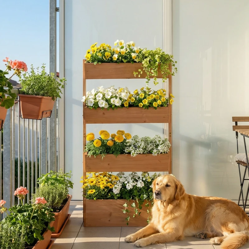 Outsunny 4-Tier Raised Garden Bed, 33.5" x 18" x 55" Vertical Wooden Outdoor Planter Box with Drainage Holes and Fabric Liner