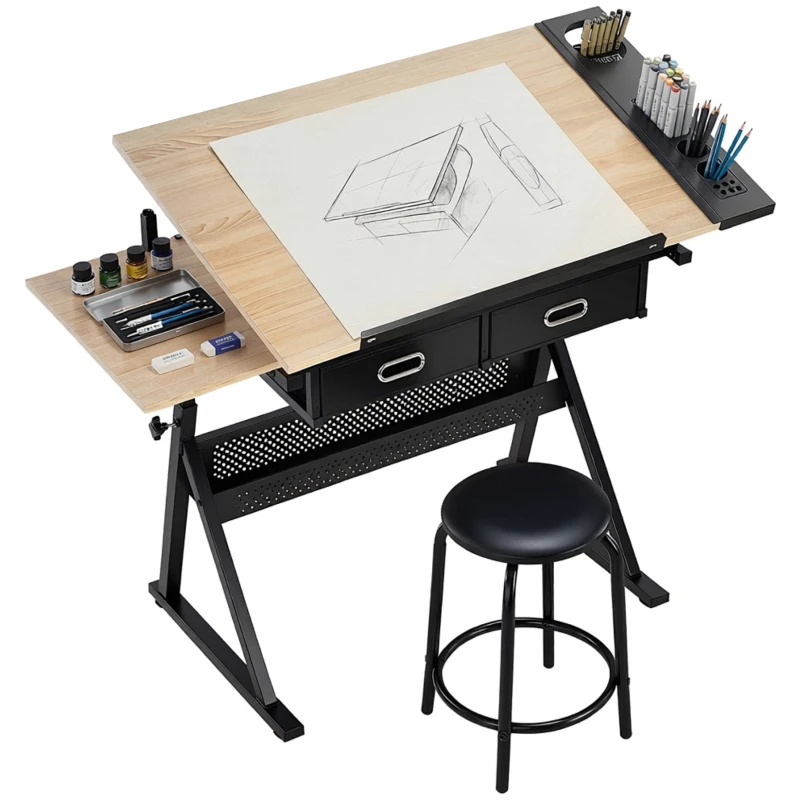 HOMCOM Adjustable Drafting Table, Art Desk Drawing Table Workstation with Stool and Storage Drawers for Painting, Oak