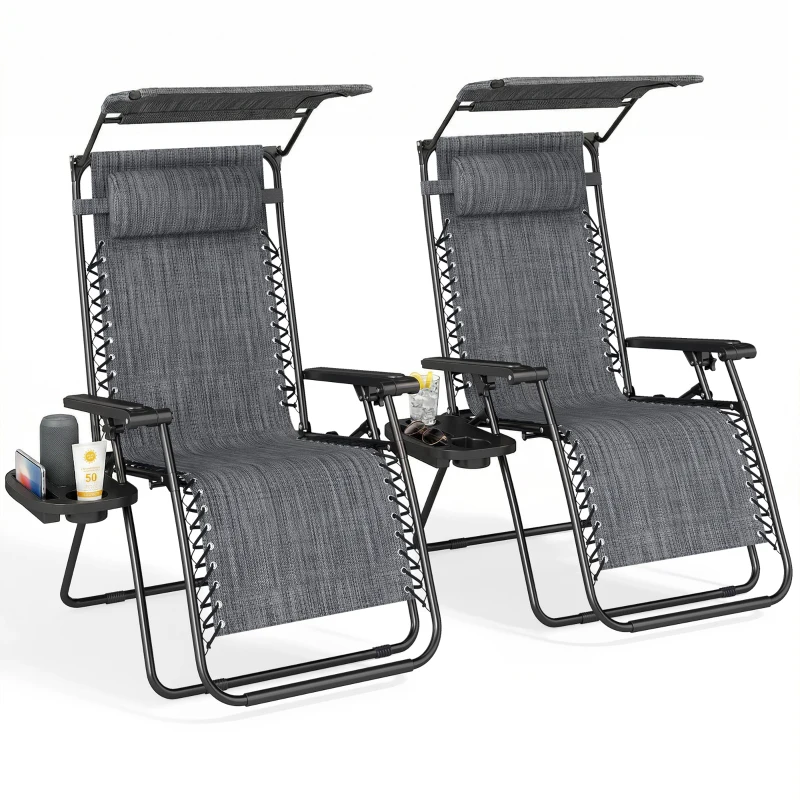 Outsunny Zero Gravity Chair Set of 2 with Canopy Shade, Outdoor Folding Lounge Chair with Side Tray, Cup Holder, Reclining Lounger with Breathable Mesh Seat and Pillow, Dark Grey