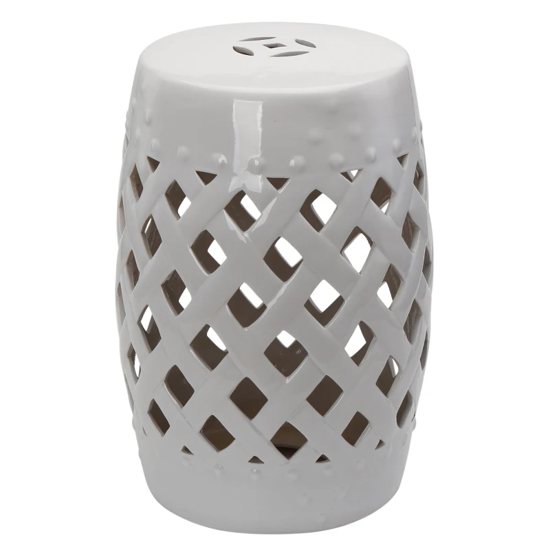 Outsunny 18" Ceramic Garden Stool with Woven Lattice Design, Indoor & Outdoor Decorative Accent Stool, White