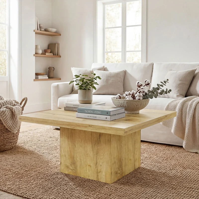 HOMCOM Square Coffee Table, Center Table with 1.6" Thick Tabletop, Natural Wood