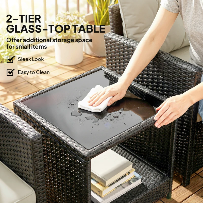 Outsunny Outdoor Bistro Set, 3 Piece Wicker Patio Furniture Set with 2-Tier Glass Top Table, Cushions for Porch, Balcony, Beige