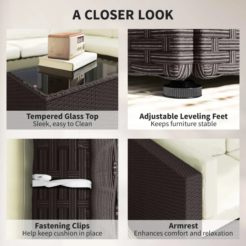 Outsunny 7 Piece Patio Furniture Set, All Weather PE Rattan Outdoor Furniture Conversation Sets with Glass Top Coffee Table