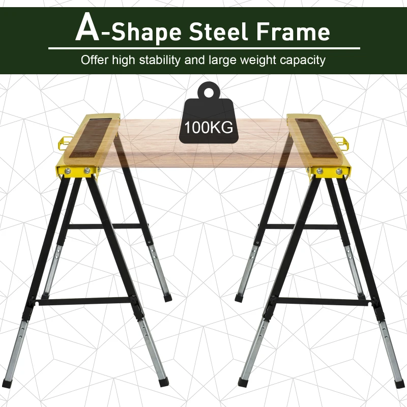 HOMCOM Saw Horse Twin Pack Folding Workbench Adjustable Metal Trestle Stands Yellow