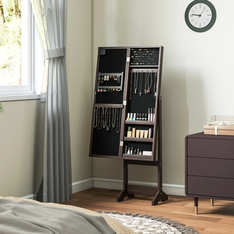 HOMCOM Free Standing Armoire Organizer, Lighted Mirrored Jewelry Cabinet w/ Angle Adjustable & 16 LED Lights, Dark Brown