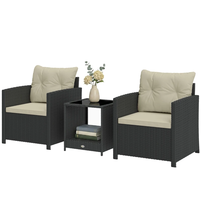 Outsunny Outdoor Bistro Set, 3 Piece Wicker Patio Furniture Set with 2-Tier Glass Top Table, Cushions for Porch, Balcony, Beige
