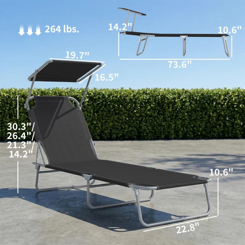 Outsunny Outdoor Pool Chaise Lounge Chair, Folding Tanning Chair with Sun Shade, Black