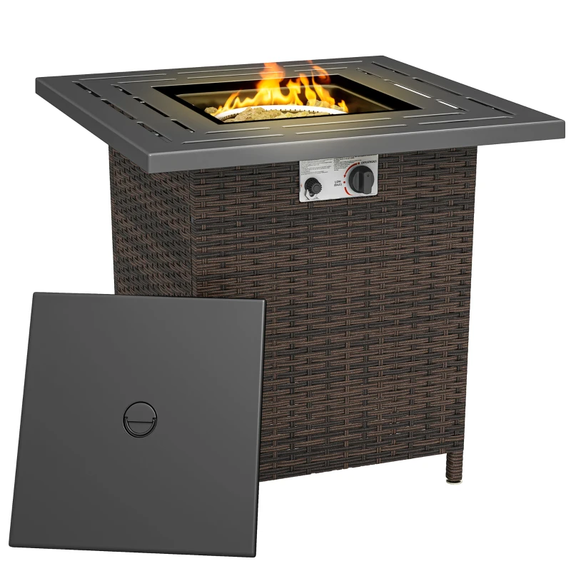 Outsunny Propane Fire Pit Table, 28 Inch 40,000 BTU Square Rattan Fire Table with Lava Rock, Pulse-Ignition Wicker Gas Fire Pit