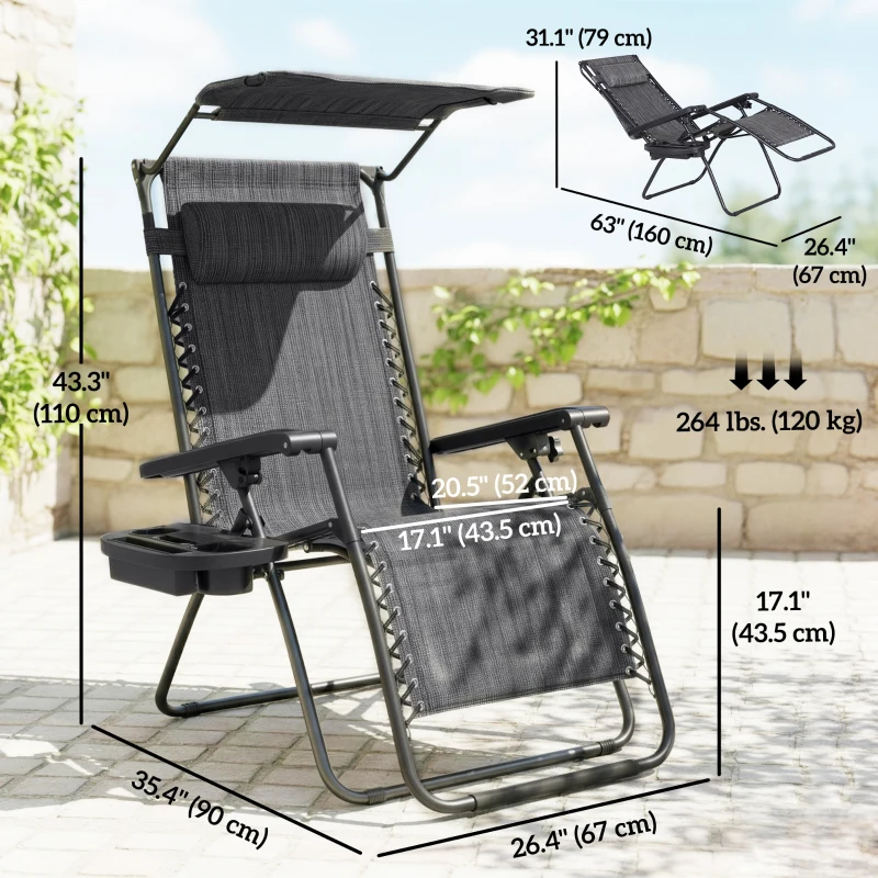 Outsunny Zero Gravity Chair Set of 2 with Canopy Shade, Outdoor Folding Lounge Chair with Side Tray, Cup Holder, Reclining Lounger with Breathable Mesh Seat and Pillow, Dark Grey