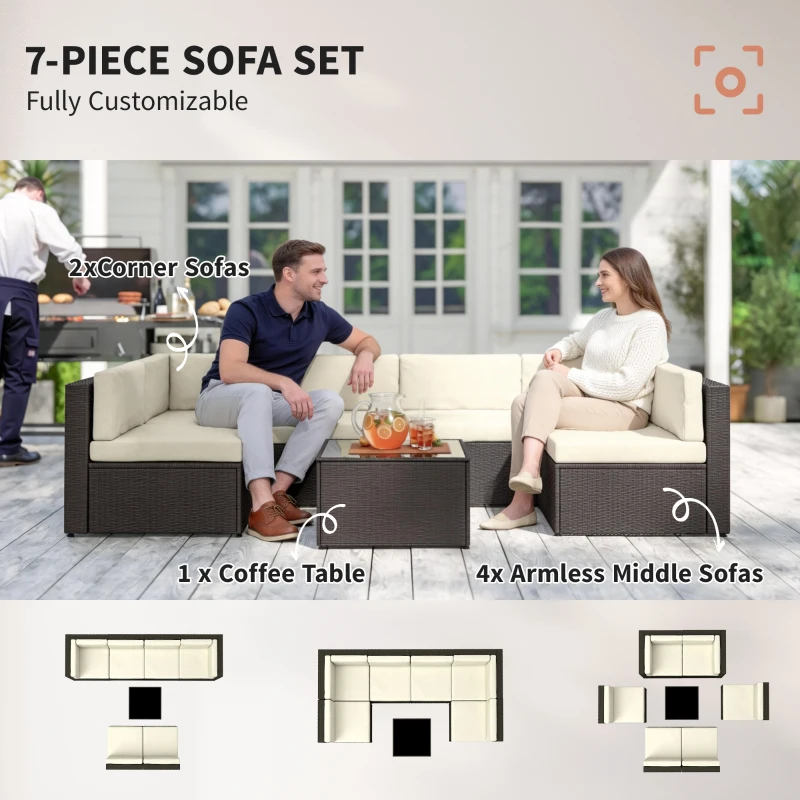 Outsunny 7 Piece Patio Furniture Set, All Weather PE Rattan Outdoor Furniture Conversation Sets with Glass Top Coffee Table