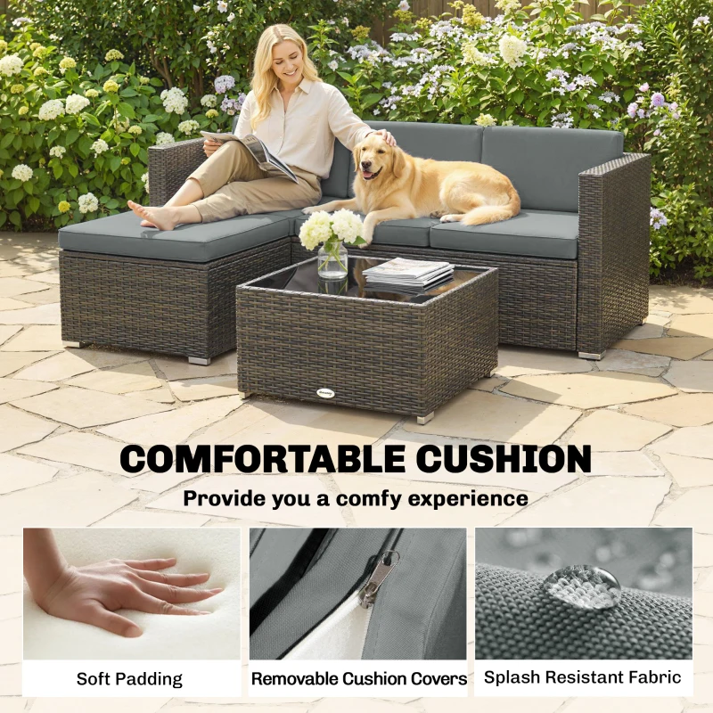 Outsunny 3 Pieces Patio Furniture Set with Cushions, Outdoor PE Rattan Wicker Conversation Corner Sofa Set, Dark Grey