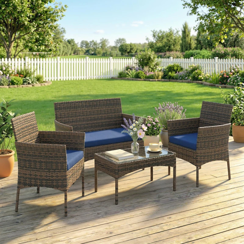Outsunny 4 Pieces Wicker Outdoor Balcony Furniture Set Rattan Patio Furniture Set with Loveseat Chairs Glass Coffee Table Navy Blue