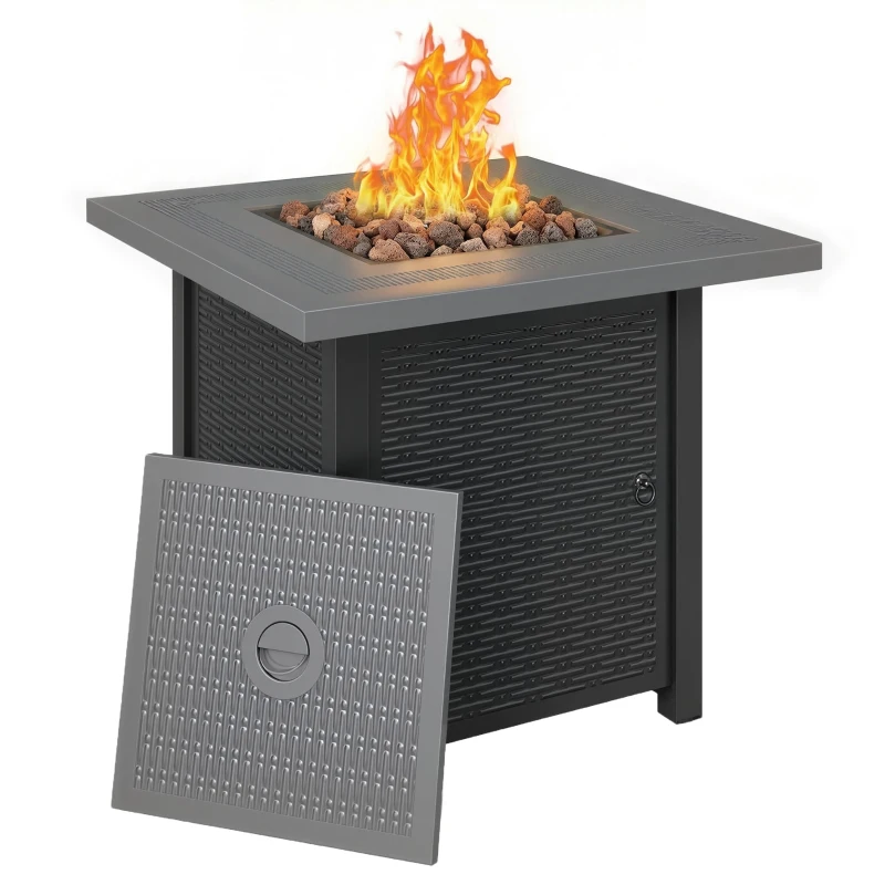 Outsunny Propane Fire Pit Table, 28" 40000 BTU Outdoor Gas Fire Table with Lava Rocks and Lid, Black