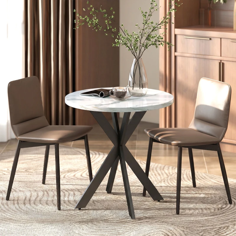HOMCOM 29" Dining Table, Contemporary Round Kitchen Table with Steel Legs, White Marble-Effect